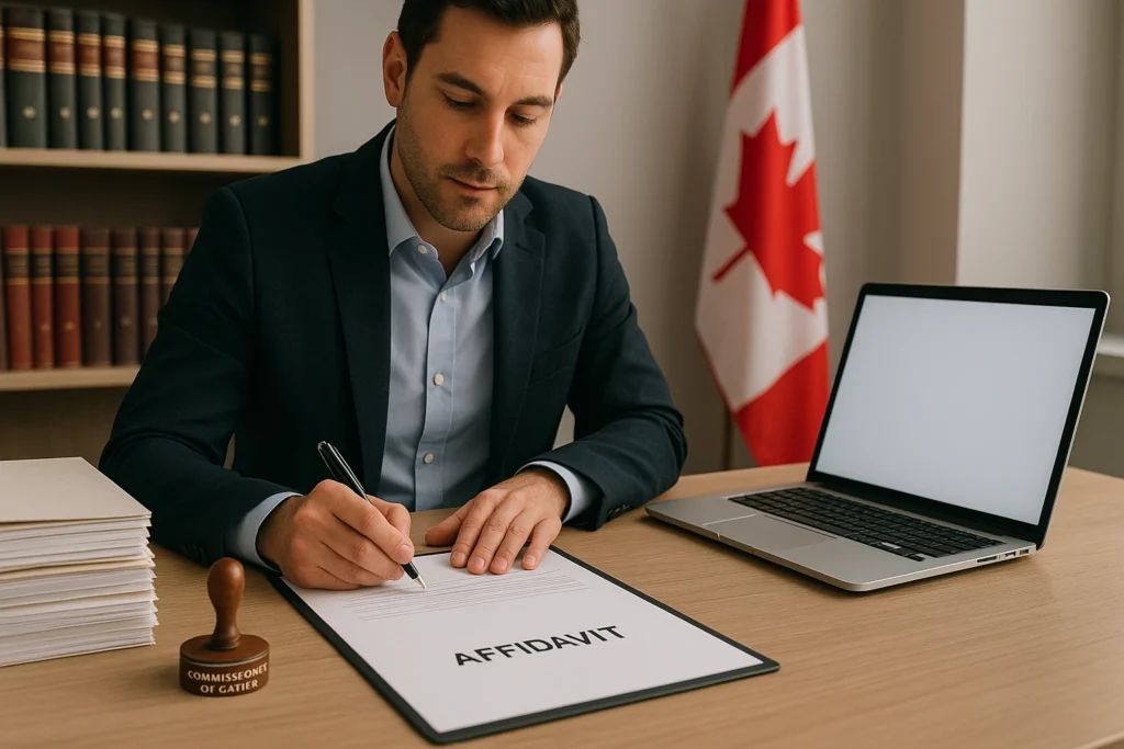 Person signing affidavit at desk.